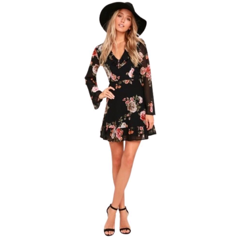 Lulus Dress Alive with Artistry Floral Mini Sheer V Neck Ruffle Black Pink New